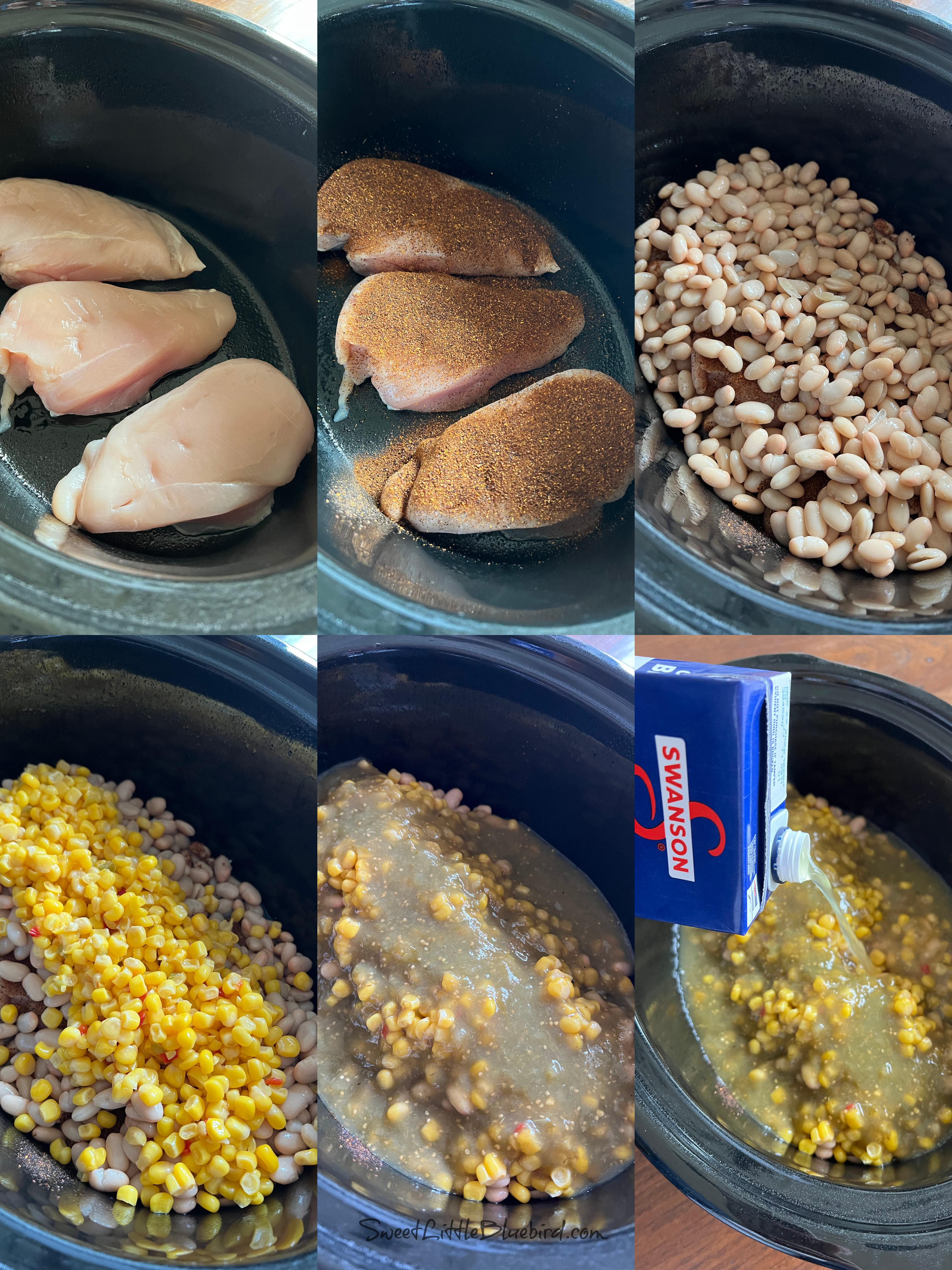 This is a six image collage showing the soup being prepared in the slow cooker.