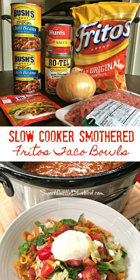 SLOW COOKER SMOTHERED FRITOS TACO BOWLS - Sweet Little Bluebird