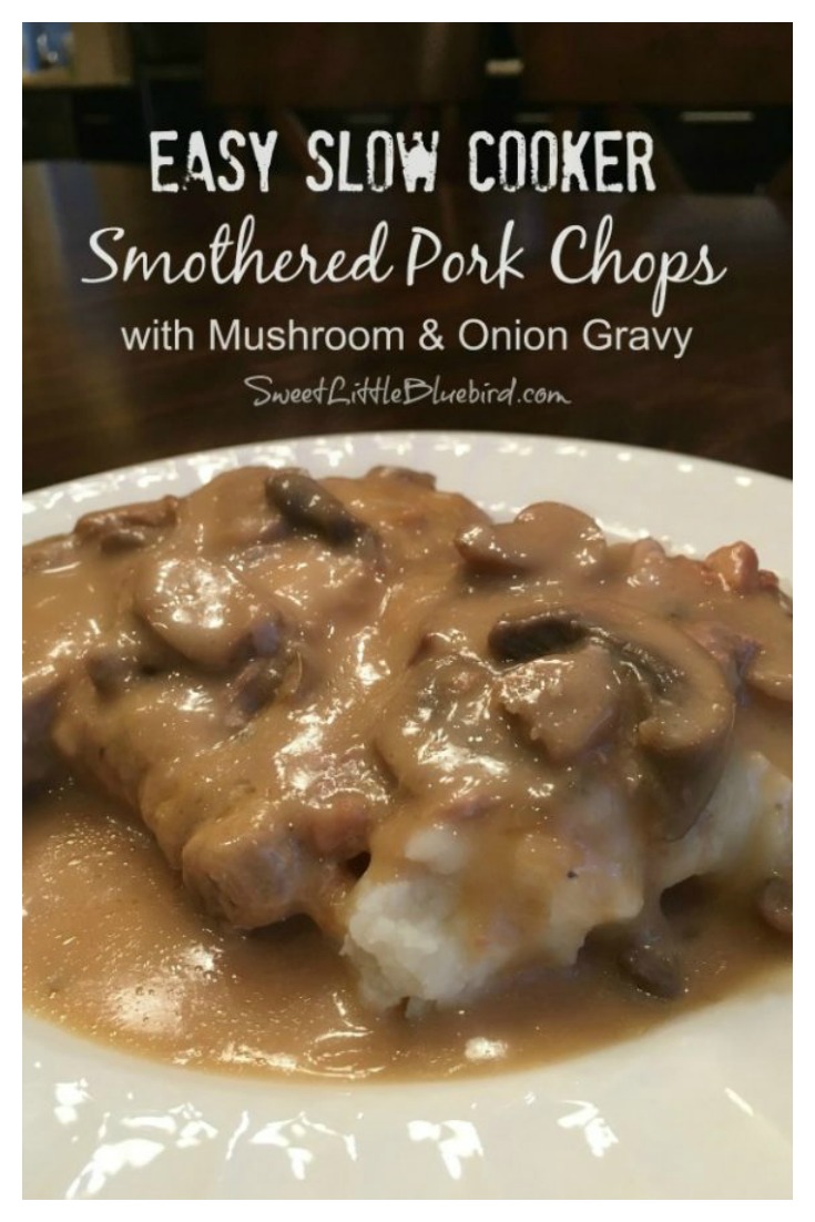 This is a photo showing a pork chop with the gravy served over mashed potatoes. 