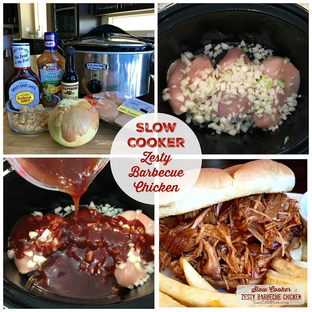 SLOW COOKER ZESTY BARBECUE CHICKEN photo collage with 4 pictures of the process of making the recipe and a sandwich on plate with french fries. 