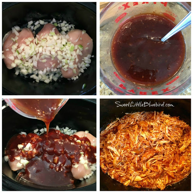4 Photo collage making the SLOW COOKER ZESTY BARBECUE CHICKEN.