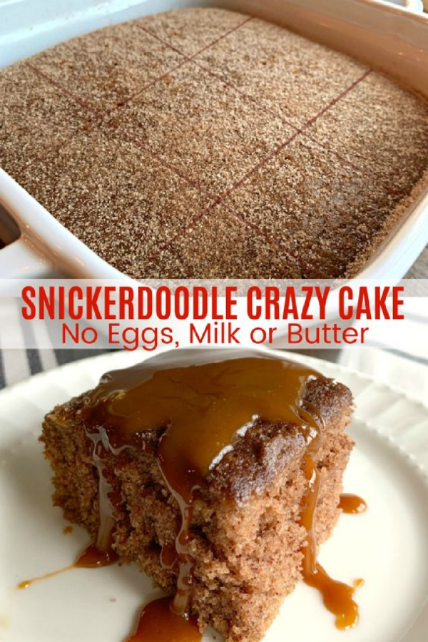This is a two photo collage. The top photo shows the cake baked in a white square baking dish. The bottom photo shows a piece of cake served on a white plate with caramel sauce on top.