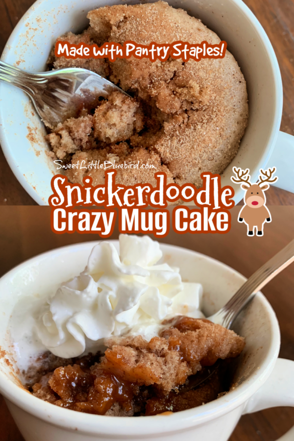 SNICKERDOODLE CRAZY MUG CAKE (NO EGGS, MILK OR BUTTER) - The cherished cinnamon and sugar snickerdoodle cookie is transformed into an AWESOME mug cake using pantry staples. This easy dessert whips up quickly, ready within 2 minutes or less in the microwave. Super moist, absolutely delicious!