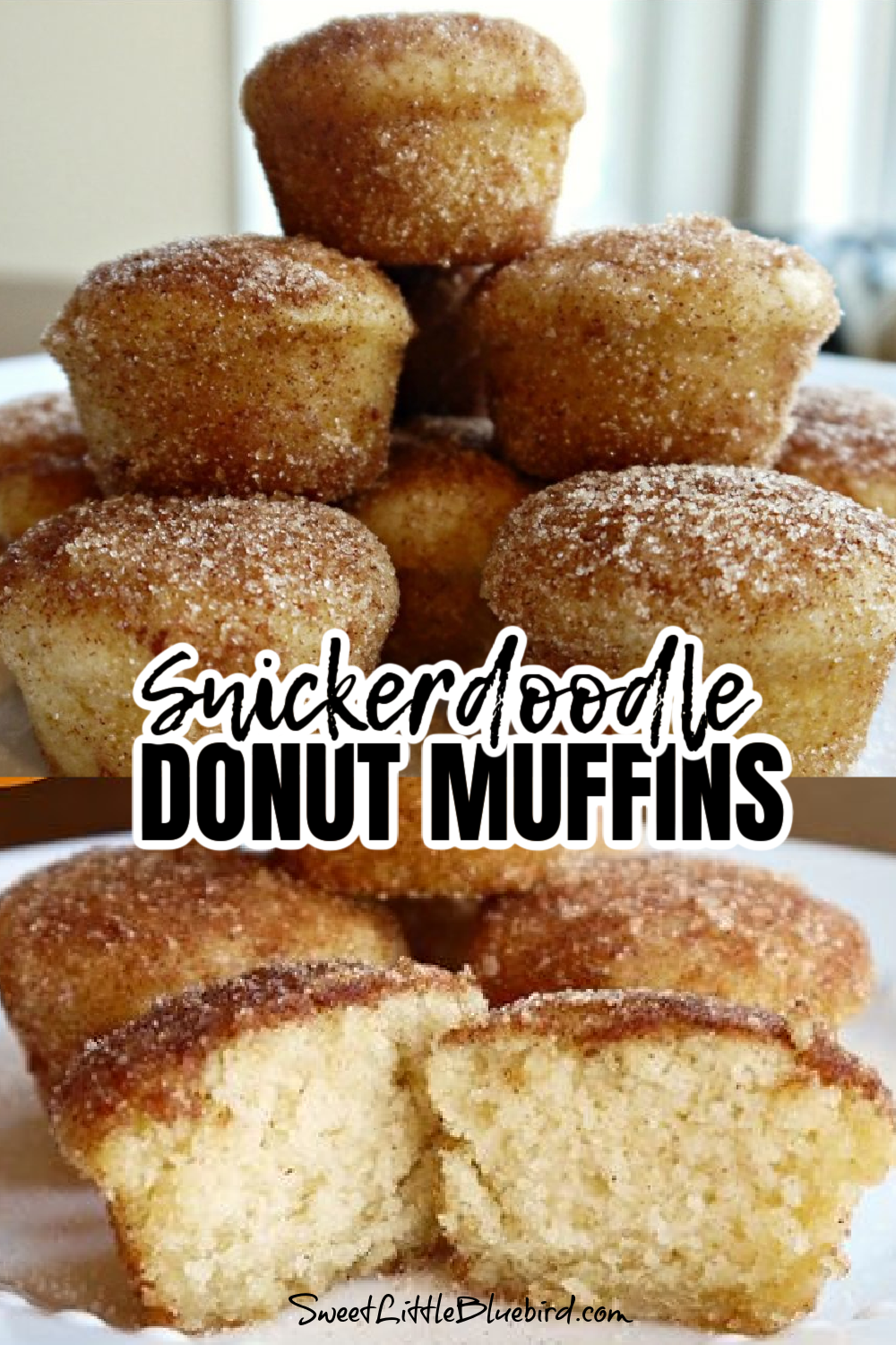 This is a two photo collage showing the Snickerdoodle Donut Muffins stacked on a plate. Bottom photo shows a donut cut in half, showing the inside. 