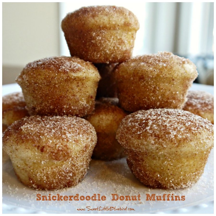 This is a photo collage showing the Snickerdoodle Donut Muffins stacked on a plate. 