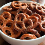 Spicy Pretzels in a white bowl.