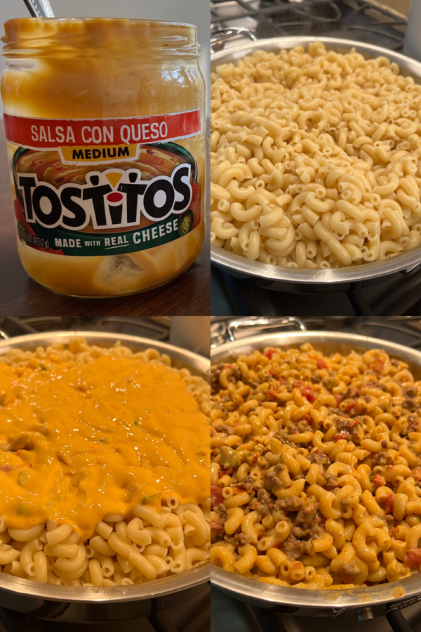 This is a 4 photo collage showing the last steps to make this recipe. A photo of jar of queso. A photo of the macaroni noodles added with the taco beef mixture. A photo of the queso added to the elbow macaroni and beef mixture. A photo of the pasta in the skillet, finished cooking, ready to serve. 
