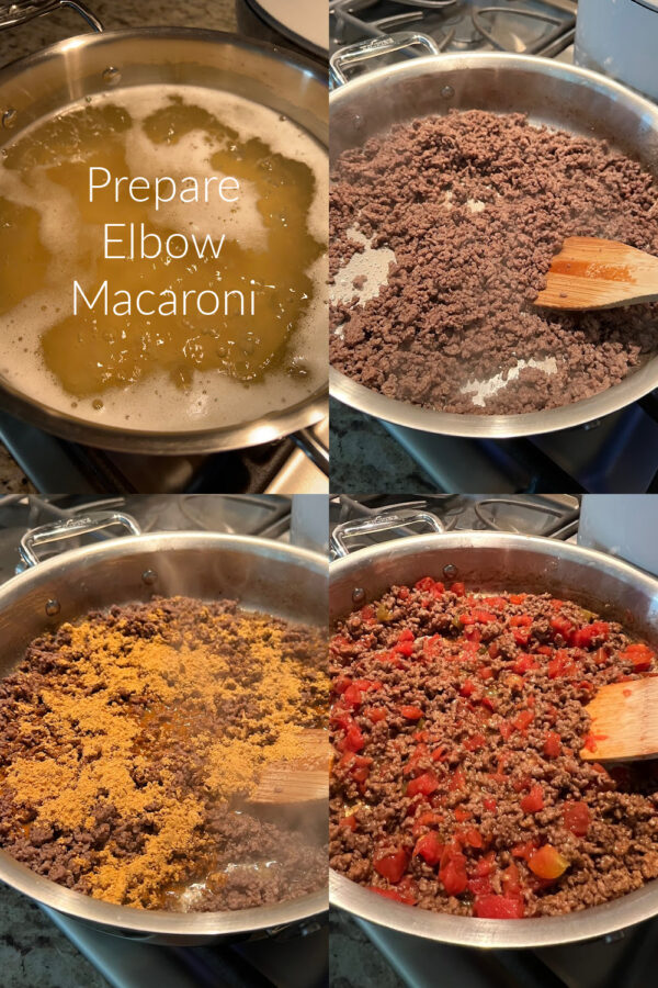 This is a 4 photo collage showing pictures making the recipe - A photo of elbow macaroni boiling. Photo of beef browning in a skillet. Photo of taco seasoning added to beef. A photo of rotel added to the beef. 