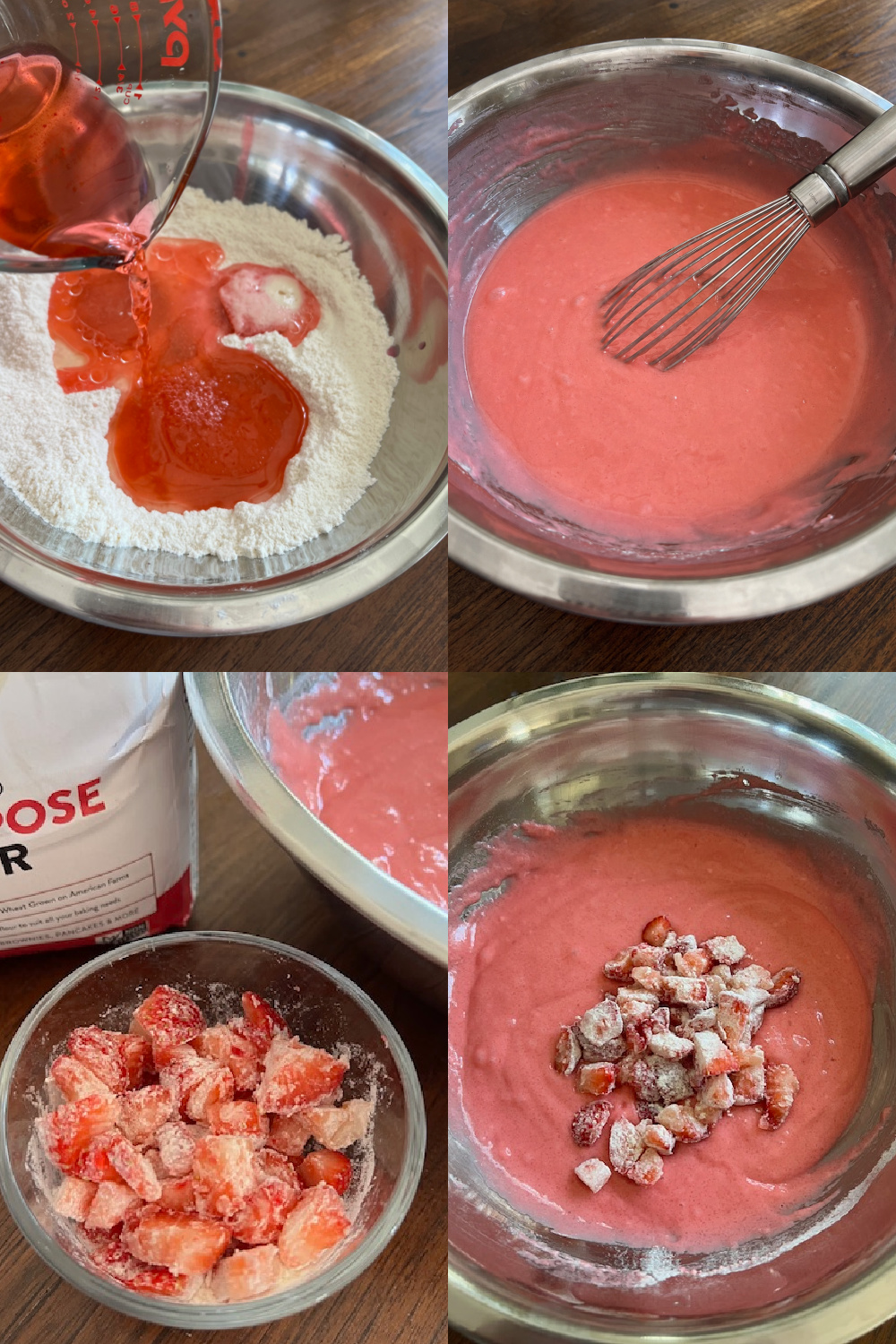 Four image collage showing the food coloring and fresh chopped strawberries being added to the batter.