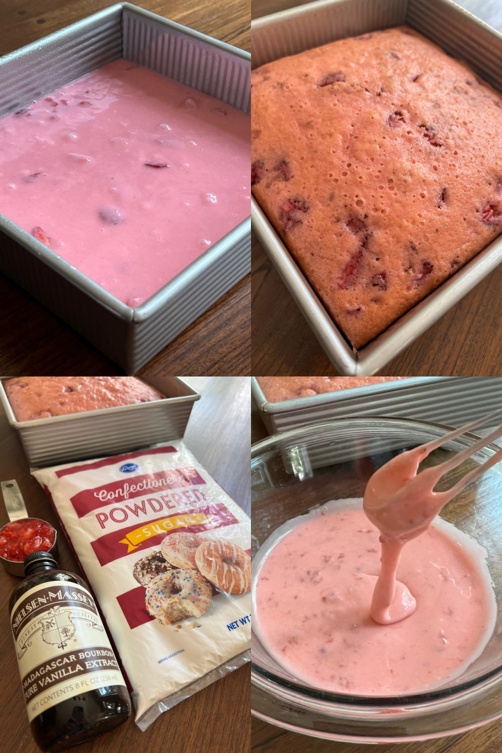 Four image collage. One photo shows the batter in the cake pan. Another photo shows the cake after baking. A third photo shows the cake baked with the ingredients to make strawberry glaze next to it. The last photo shows the glaze in a clear glass bowl, with a tiny whisk, ready to add to the cake.