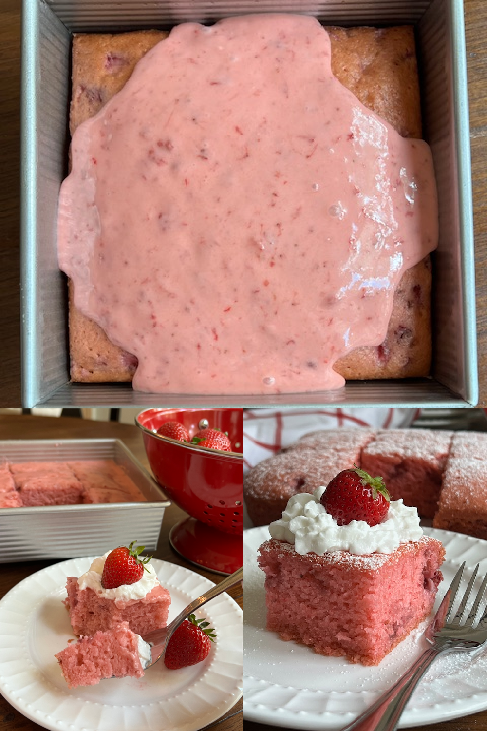Three image collage. Top large photo shows the cake with the glaze poured over top, ready to spread. The two bottom photos show the cake served with two different toppings. One piece has strawberry glaze, whipped cream and a fresh strawberry on top. The other piece is served with powdered sugar, whipped cream and a strawberry on top. Both pieces of cake are served on white plates with a fork.