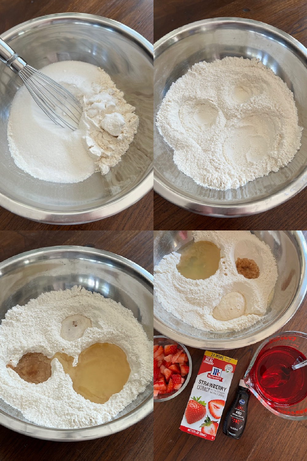 Four image collage showing the cake batter being made.
