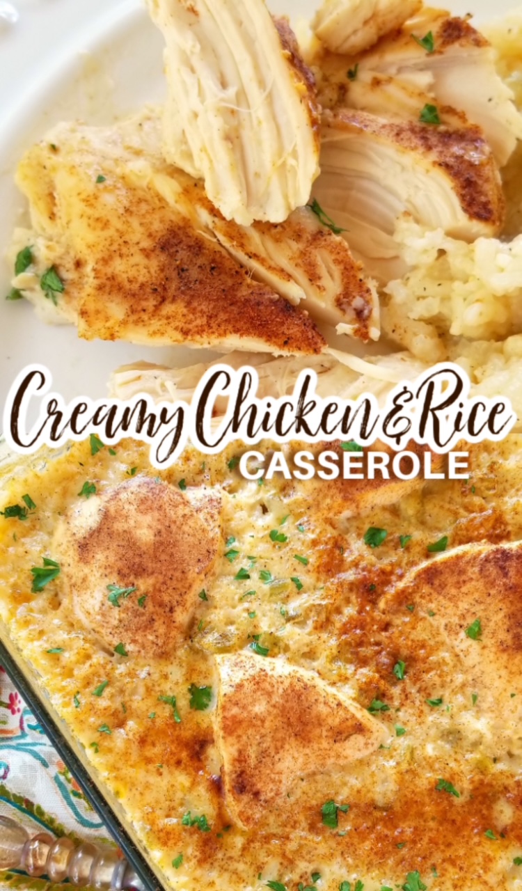 Two image collage. The top photo shows creamy chicken and rice casserole served on a white plate. The bottom photo shows the casserole in a clear glass baking dish, ready to serve. 