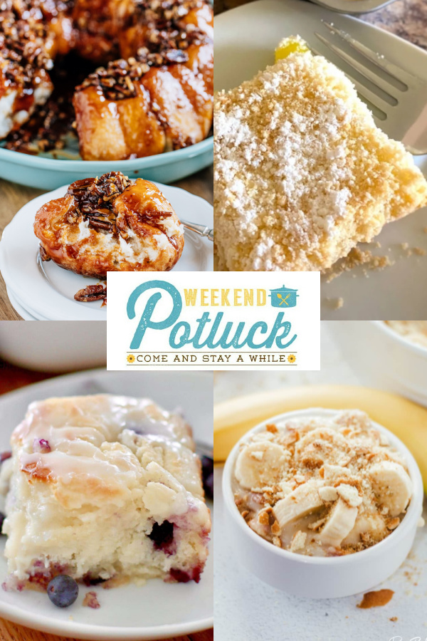 4 photos in a photo collage with a photo of each recipe featured this week - 3-Ingredient Lemon Bars, Butterscotch Coffee Cake, Grandma's Southern Banana Pudding and Blueberry Butter Swim Biscuits