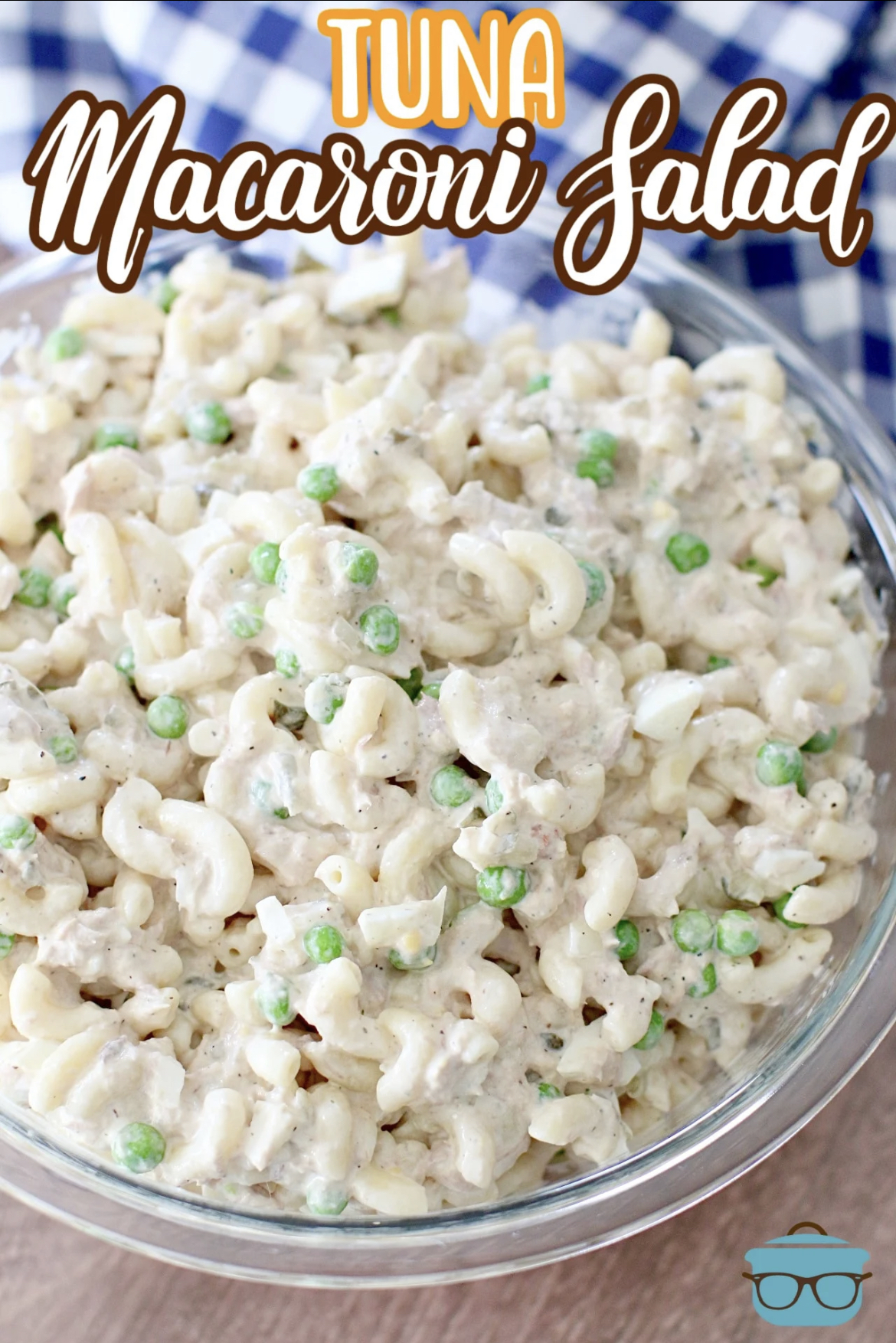This image shows Tuna Macaroni Salad in a glass bowl, ready to serve. 
