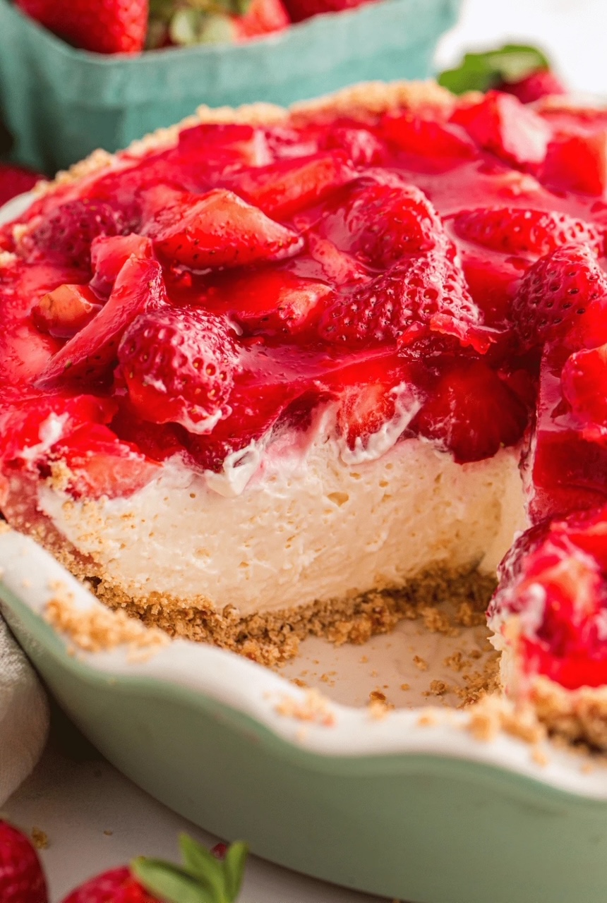 Strawberry Pretzel Salad in a green pie plate. 