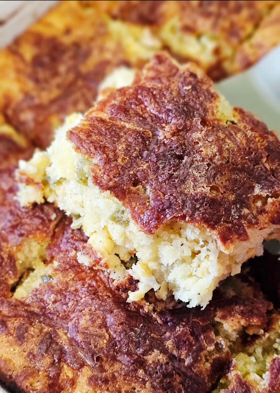 Close up photo of a piece of Pepperjack Cornbread. 