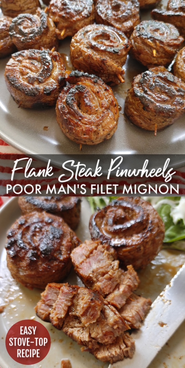 Two image collage of Flank Steak Pinwheels. The top photo shows pinwheels on a grayish white plate. The bottom image shows a pinwheel cut in half on a plate, showing the inside.  