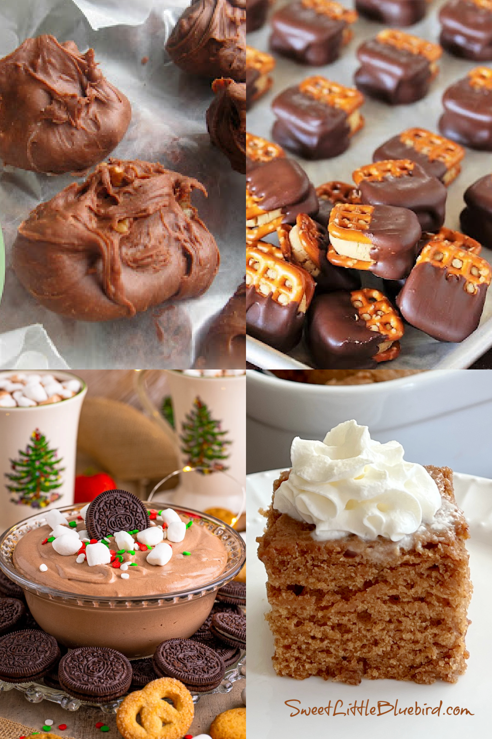 This is a 4 photo collage showing a picture of each recipe featured this week - Millionaire Fudge, Peanut Butter Buckeye Pretzels, Hot Chocolate Dip and Gingerbread Crazy Cake.
