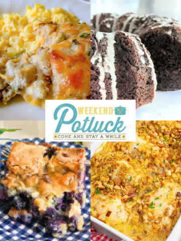 This is a four image collage showing a picture of each recipe featured this weekend - Bob Evan's Sausage Gravy and Biscuits Casserole, Blueberry Gooey Butter Cake, Double Chocolate Sour Cream Bundt Cake, and Swiss Chicken Casserole.