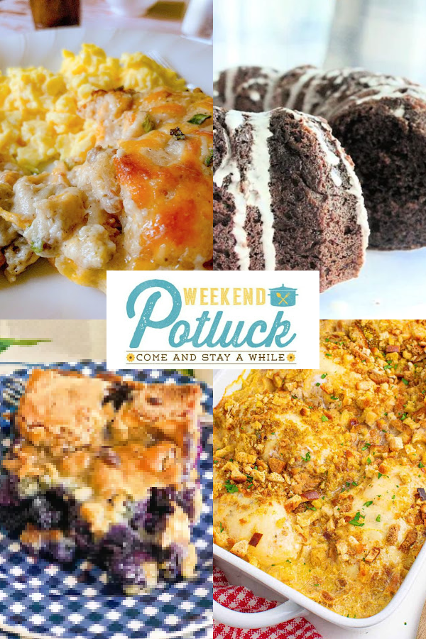 This is a four image collage showing a picture of each recipe featured this weekend - Bob Evan's Sausage Gravy and Biscuits Casserole, Blueberry Gooey Butter Cake, Double Chocolate Sour Cream Bundt Cake, and Swiss Chicken Casserole. 