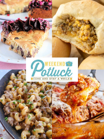 This is a 4 image collage showing a photo of each recipe featured this week - Easy Bierocks with Cheese Recipe (Copycat Runzo Sandwich), Chocolate Chip Cookie Cake, Baked Ravioli Casserole, and The BEST Philly Cheesesteak Pasta.