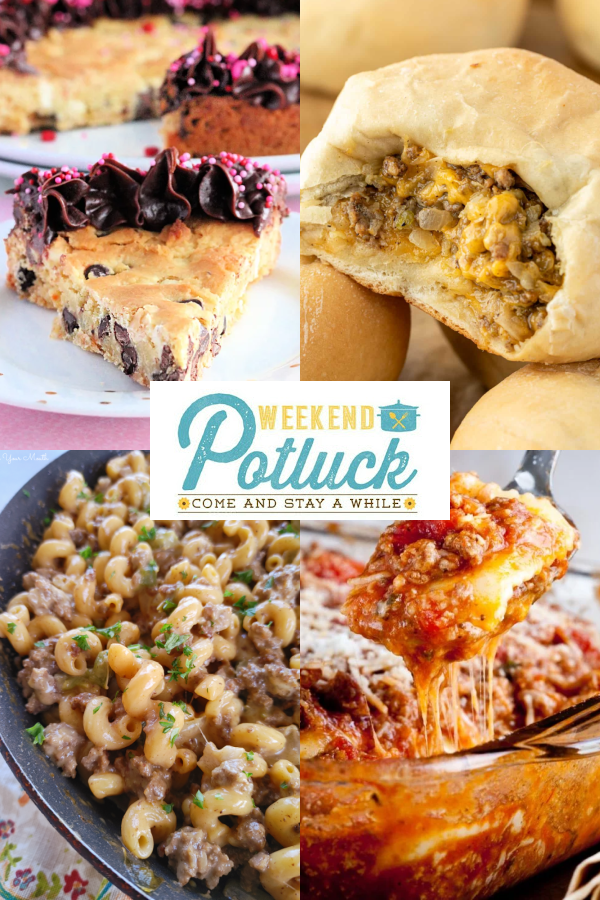 This is a 4 image collage showing a photo of each recipe featured this week - Easy Bierocks with Cheese Recipe (Copycat Runzo Sandwich), Chocolate Chip Cookie Cake, Baked Ravioli Casserole, and The BEST Philly Cheesesteak Pasta.