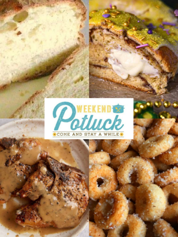 This is a 4 image collage showing a photo of each recipe featured this week - Crusty Italian Bread, Slow Cooker Ranch Pork Chops with Gravy, New Orleans Cream Cheese King Cake, and Mini Doughnut Hot Buttered Cheerios.