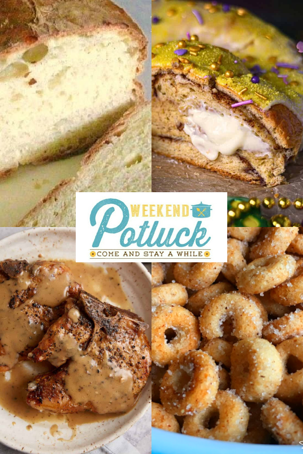 This is a 4 image collage showing a photo of each recipe featured this week - Crusty Italian Bread, Slow Cooker Ranch Pork Chops with Gravy, New Orleans Cream Cheese King Cake, and Mini Doughnut Hot Buttered Cheerios. 