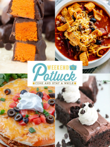 This is a 4 image collage showing a photo of each recipe featured this week -Homemade Butterfingers, Santa Fe Soup, French Silk Brownies and Mexican Pizza.