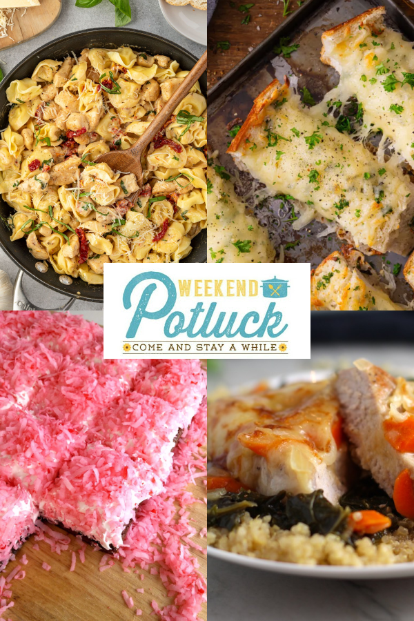 This is a 4 image collage showing a photo of each recipe featured this week - Smothered Pork Chops Casserole, Mozzarella Bread, Marry Me Chicken Tortellini, and Sno Ball Brownies.
