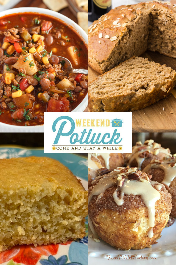 This is a 4 image collage showing a photo of each recipe featured this week - Are You Kidding Me Cake, Cowboy Soup, Guinness Irish Soda Bread and Magic Stuffed Cinnamon Crescent Rolls. 
