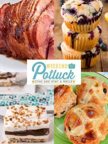 This is a 4 image collage showing a photo of each recipe featured this week - Lemon Blueberry Muffins, 5-Ingredient Baked Honey Ham, No Yeast Hot Cross Buns and Chocolate Delight.