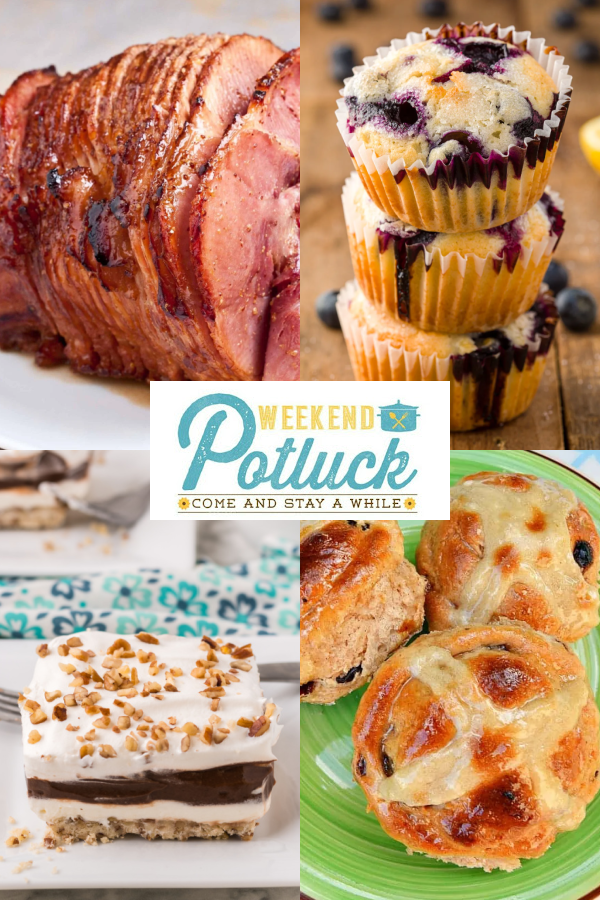 This is a 4 image collage showing a photo of each recipe featured this week - Lemon Blueberry Muffins, 5-Ingredient Baked Honey Ham, No Yeast Hot Cross Buns and Chocolate Delight.