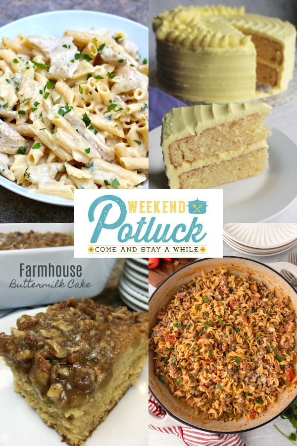 This is a 4 image collage showing a photo of each recipe featured this week -Lemon Velvet Cake, Easy Rotel Pasta, White Sauce Chicken Pasta, and Farmhouse Pecan Buttermilk Cake.