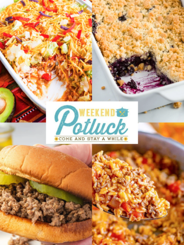 This is a 4 image collage showing a photo of each recipe featured this week - 7 Layer Taco Dip, Loose Meat Sandwich (Rite Maid Copycat), Blueberry Crisp, and Easy Taco Rice.