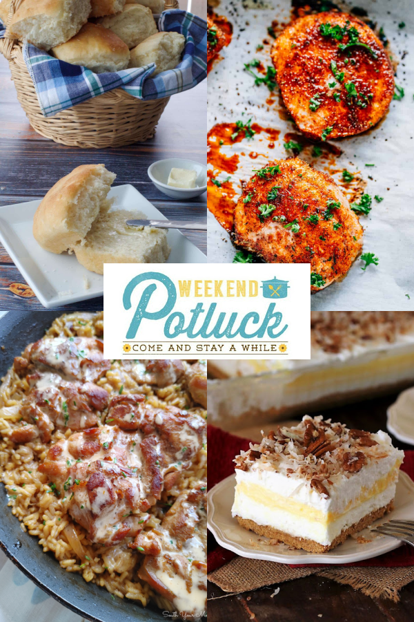 This is a 4 image collage showing a photo of each recipe featured this week - Granny Buns, Easy Baked Pork Chops, Coconut Cream Yum Yum, and Hibachi Chicken and Rice Skillet.