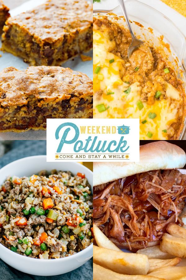 This is a 4 image collage showing an image of each recipe featured this week - Kentucky Derby Pie Bars, Hot Taco Dip with Cottage Cheese, Ground Beef Fried Rice, and Slow Cooker Zesty BBQ Chicken.