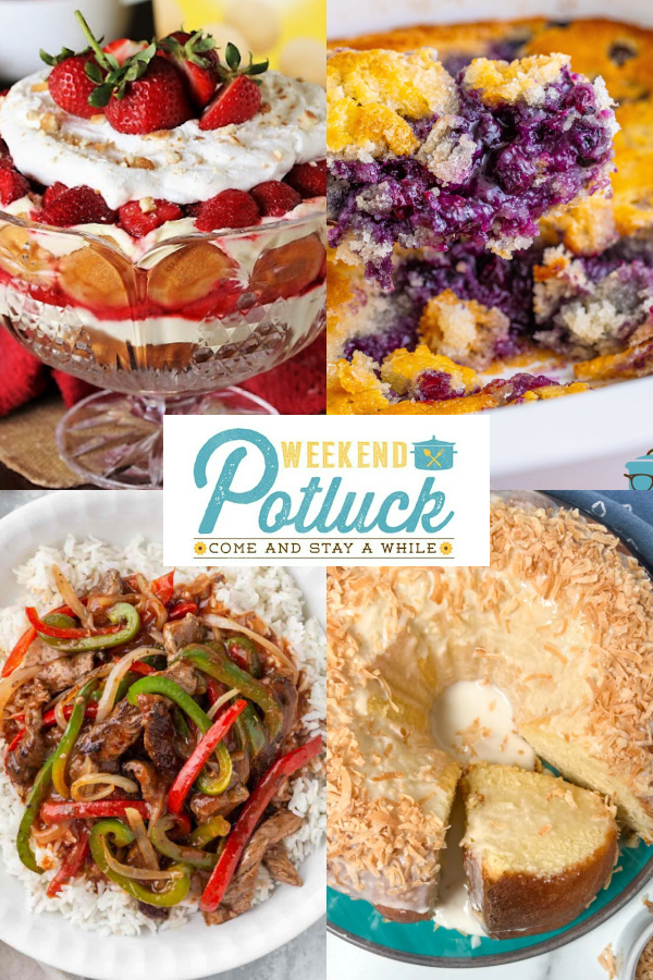 This is a 4 image collage showing a photo of each recipe featured this week - Strawberry Pudding, Pepper Steak Rice Bowl, Louisiana Crunch Cake, and Blueberry Cobbler.