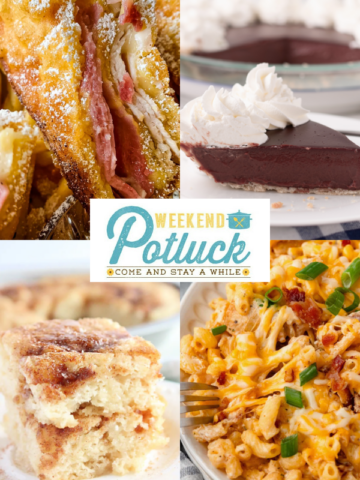 This is a 4 image collage showing a photo of each recipe featured this week - Amish Cinnamon Flop, Monte Cristo Sandwich, Cheesy Crack Chicken Casserole and Mama's Famous Chocolate Pudding Pie.