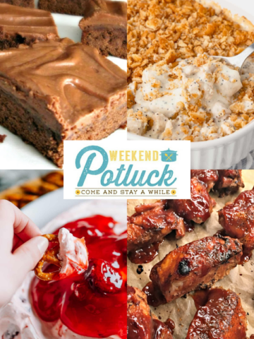 This is a 4 image collage showing a photo of each recipe featured this week - Lunch Lady Brownies, Poppy Seed Chicken Casserole, Strawberry Pretzel Salad Dip and Slow Cooker Coca Cola BBQ Country-Style Ribs.