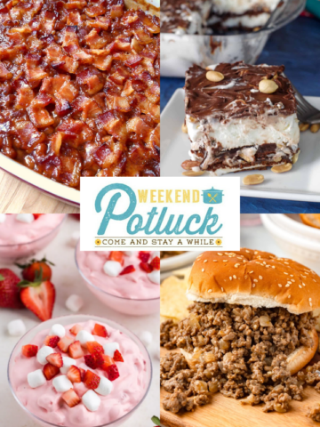 This is a 4 image collage showing a photo of each recipe featured this week - Strawberry Fluff, Loose Meat Sandwich, Easy Buster Bar Ice Cream Cake and Southern-Style Baked Beans.