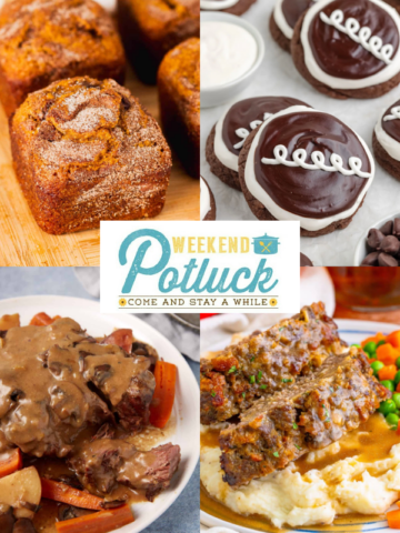 This is a 4 image collage showing a photo of each recipe featured this week - Cinnamon Swirl Pumpkin Bread, Hostess Cupcake Cookies, Slow Cooker Pot Roast with Mushroom Gravy and Stovetop Stuffing Meatloaf with Gravy