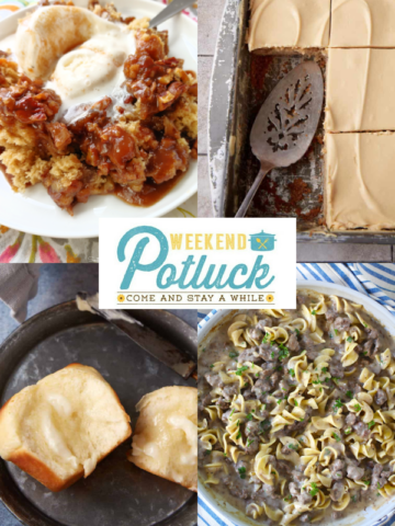 This is a four image collage showing a photo of each recipe featured this week - Apple Sheet Cake with Caramel Frosting, Beef and Noodles with Ground Beef, Fluffy Brioche Rolls and Pecan Cobbler.