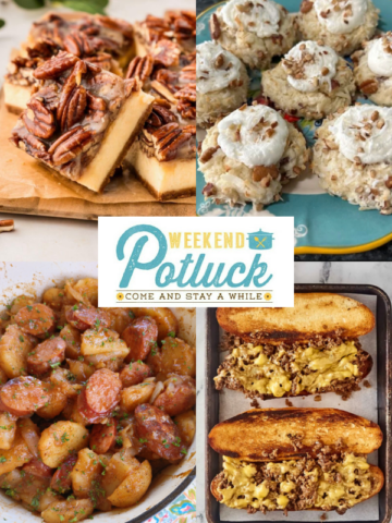 This is a 4 image collage showing a photo of each recipe featured this week - Pecan Pie Cheesecake Bars, Chopped Cheese Sandwich, Italian Cream Cake Cookies and Potato Goulash with Sausage.