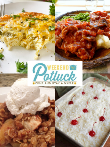 This is a 4 image collage showing a photo of each recipe featured this week - Scrambled Egg Bake, Old Fashioned Swiss Steak, Ambrosia Poke Cake and Quick & Easy Apple Crisp.