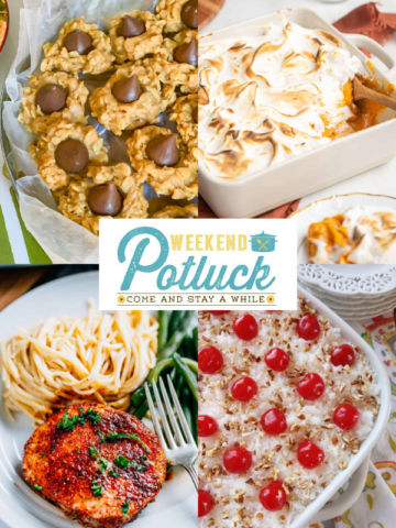 This is a 4 image collage showing a photo of each recipe featured this week - Peanut Butter Rice Krispie Blossoms, Easy Baked Pork Chops, Sweet Potato Fluff and Italian Bakeless Cake.