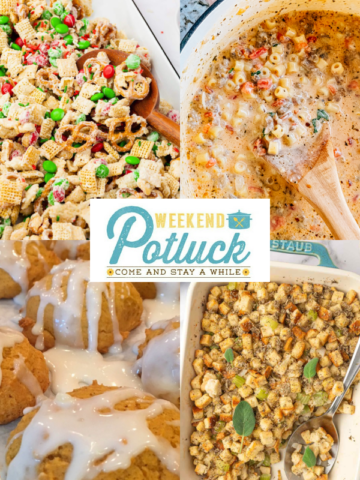 This is a four image collage showing a photo of each recipe featured this week - Christmas Chex Mix, Fluffy Sage Stuffing, Creamy Parmesan Italian Sausage Soup and Old Fashioned Soft Pumpkin Cookies.