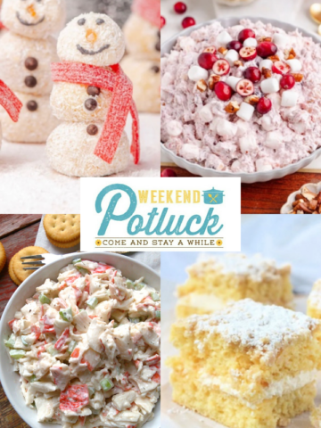 This is a four image collage showing a photo of each recipe featured this week - Swedish Flop, Cranberry Fluff Salad, Snowman Coconut Truffles and Seafood Salad.