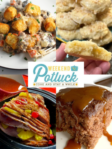 This is a four image collage showing a photo of each recipe featured this week - Cheesy Hamburger Tater Tot Casserole, Dolly Parton Coconut Cookies, Slow Cooker Holiday Ham and Snickerdoodle Crazy Cake.